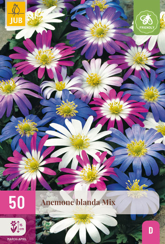 Bloembol verpakking met een blauwe, witte en roze anemone bloemen en een bij-vriendelijk icoon.