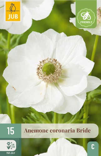 Bloembol verpakking met een witte anemone bloem en een bij-vriendelijk icoon.