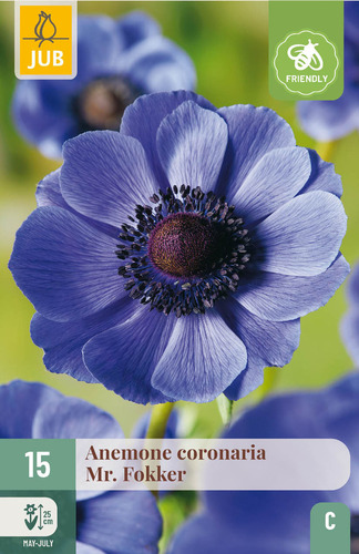 Bloembol verpakking met een paarse anemone bloem en een bij-vriendelijk icoon.