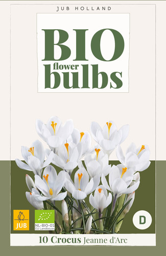 Bloembol verpakking met een witte crocus bloemen met het gecertificeerd EU biologische keurmerk label.