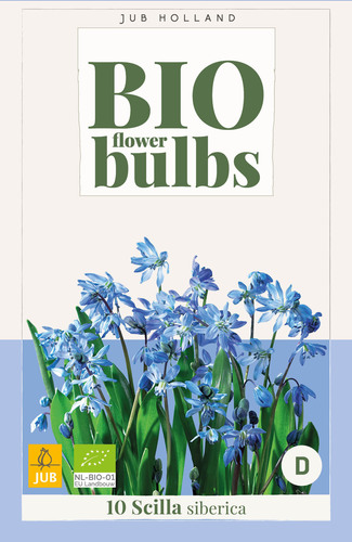 Bloembol verpakking met blauwe boshyacint bloemen met het gecertificeerd EU biologische keurmerk label.