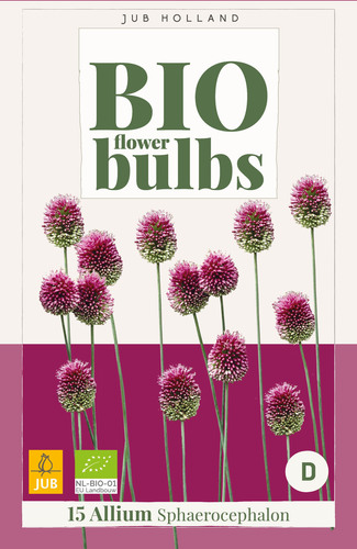 Bloembol verpakking met paars-rode allium of sierui bloemen met het gecertificeerd EU biologische keurmerk label.