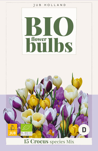 Bloembol verpakking met verschillende kleuren krokus bloemen met het gecertificeerd EU biologische keurmerk label.